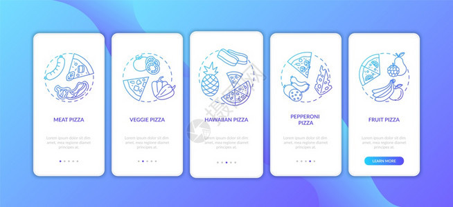 带概念的移动应用程序页面屏幕上的披萨类型美味的食物种类可供选择披萨菜单横穿五步图形说明配有RGB颜色插图的UI矢量模板带概念的披图片