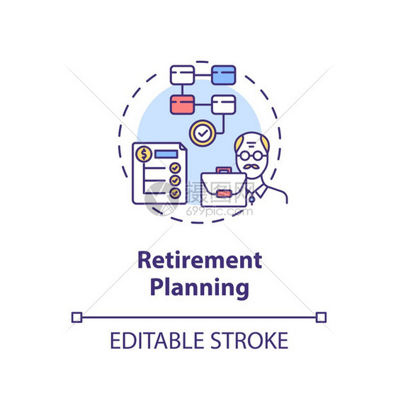 退休规划概念图标富裕的生活方式金钱增长提示融扫盲概念细线插图矢量孤立大纲RGB彩色绘图可编辑的中风图片