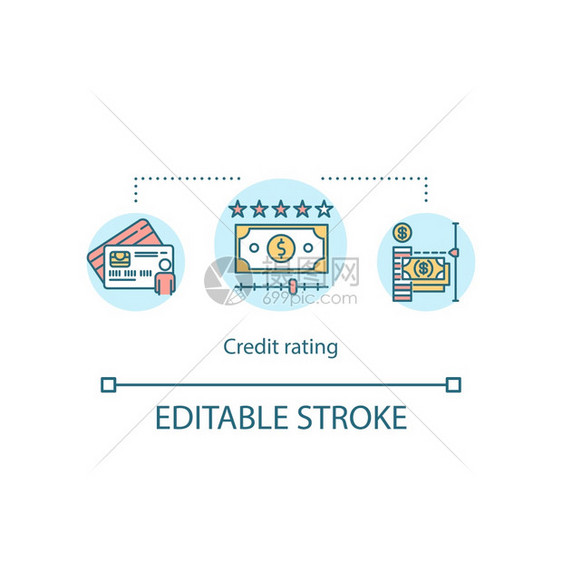 信用评级概念图标钞票和卡个人信用历史想法细线插图矢量孤立大纲RGB彩色绘图可编辑中风图片