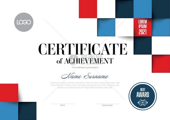 现代成绩证书模板包括内容位置材料红色和蓝设计方形图片