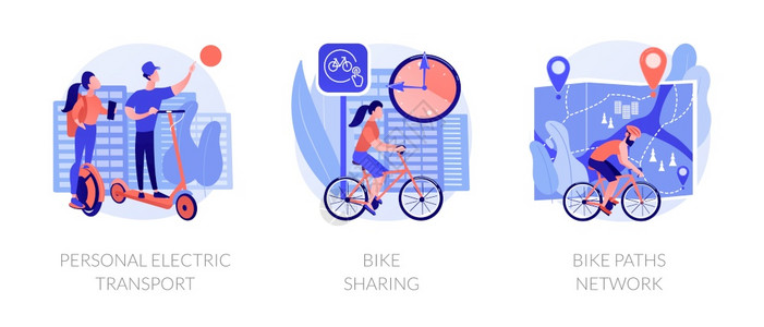 现代的自我平衡单车摩托骑生态运输工具个人电动运输自行车共用路径网络隐喻矢量孤立概念比喻插图生态友好型城市运输病媒概念隐喻图片