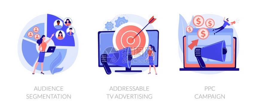 定向宣传SEO数字营销地理定位CPC广告观众区隔可处理的电视广告ppc运动比喻矢量孤立概念比喻图广告技术矢量概念比喻图片