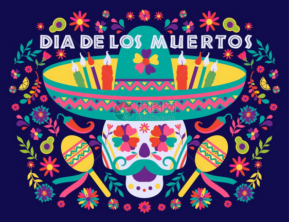 CincodeMayo5版标语矢量DiaslosMuertos趋势平面标语矢量用英文写成的节墨西哥设计喜庆贺卡或政党邀请海报花朵图片
