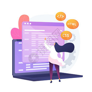 Cs和HTML编程语言计算机编程码IT女编程卡通人物软件网站开发矢量孤立概念比喻说明计算机编程矢量概念比喻图片