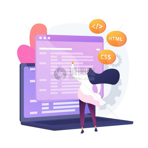 Cs和HTML编程语言计算机编程码IT女编程卡通人物软件网站开发矢量孤立概念比喻说明计算机编程矢量概念比喻图片