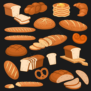 面包小麦全谷物和切片法式面包羊角粉设计矢量放在黑底菜单上烤面包和谷物和为黑菜单设置的粉计矢量图片