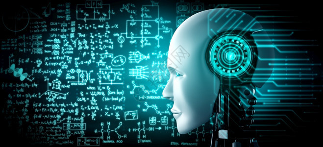 机器人类面临着由AI思考的大脑人工智能和机器学习过程的工科学研究的图形概念接近于第4次工业革命3D插图图片