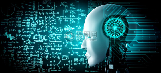 机器人类面临着由AI思考的大脑人工智能和机器学习过程的工科学研究的图形概念接近于第4次工业革命3D插图图片