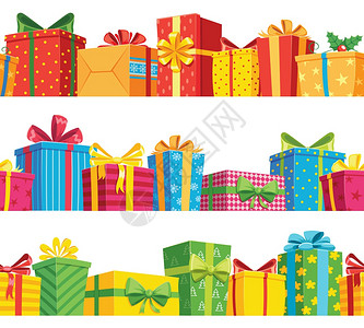 礼品无缝边框Stack礼品箱包给假日生和圣诞节的现箱彩色海报和横幅矢量插图礼品箱包套件图片