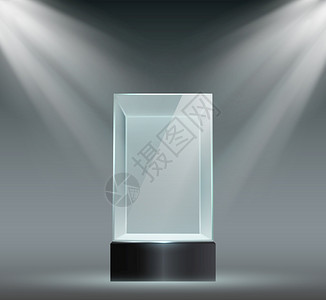 玻璃展示透明塑料立方体空产品或带有聚光灯的博物馆以块形显示棱晶代表展品矢量集突出显示棱镜展空产品或博物馆以聚光灯的块状显示图片