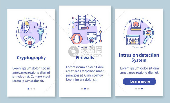 加密防火墙入侵探测通过三步图形指示带有RGB彩色插图的UI矢量模板带有概念的移动应用程序屏幕上的网络安全图片