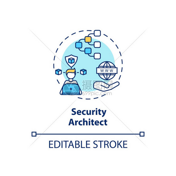 安全建筑设计师概念图标网络安全职业理念细线插图网络安全流程信息技术部矢量孤立大纲RGB彩色绘图可编辑中风安全建筑师概念图标图片