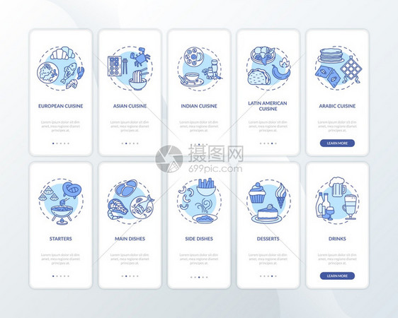 带有概念设置的移动应用程序页面屏幕上的餐厅菜单不同种类的膳食物品种通过10步图形指示配有RGB颜色插图的UI矢量模板装有概念设置图片