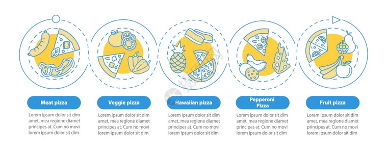 顶级比萨饼类矢量信息图模板传统的比萨氏色菜单演示式设计要素5个步骤的数据可视化进程时间表图带有线标的工作流布局顶级比萨类矢量信息图片