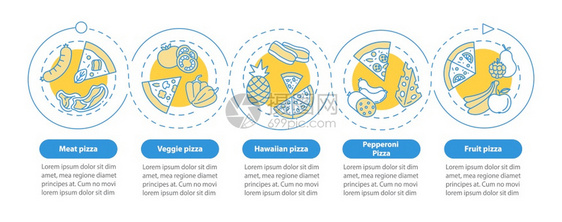 顶级比萨饼类矢量信息图模板传统的比萨氏色菜单演示式设计要素5个步骤的数据可视化进程时间表图带有线标的工作流布局顶级比萨类矢量信息图片