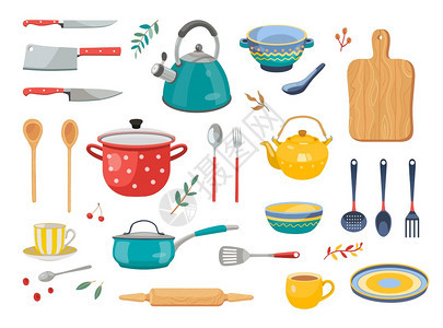 各种现代厨房工具平板图标集图片