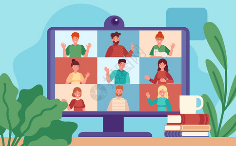 电视会议与小组同事的计算机屏幕虚拟工作会议 图片