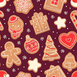 Gingerbread无缝模式Xmacookie红心Fir树雪人和钟恒星雪花矢量纹理礼品或现装盒和房子饼干布质矢量插图红心fir图片