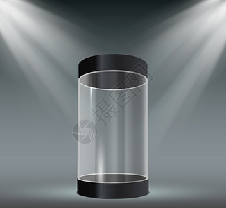 玻璃瓶展示透明塑料箱空产品或带聚光灯的博物馆展出览代表矢量带照明的胶囊安全容器展览代表出矢量图片
