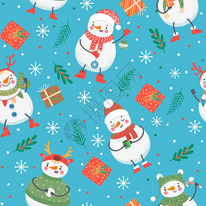 雪人无缝模式可爱的雪人穿着冬装有礼物雪球和花圣诞节新年的矢量纹理围巾毛衣和帽子霍利贝雪人无缝模式圣诞和新年的矢量纹理可爱的雪人穿图片