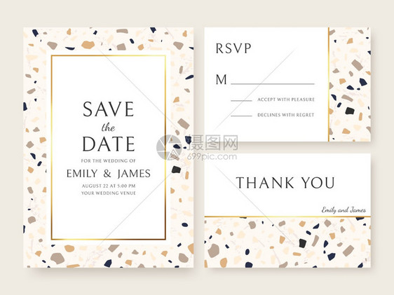 Terrazzo婚礼邀请卡抽象设计模板带有大理石纹保存日期和名称的新娘传单通知矢量设置感谢您的卡片带有碎的RSVP现代设计Ter图片