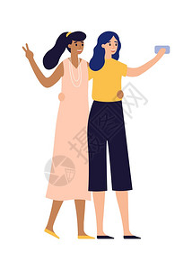 女孩在智能手机上拍照妇女使用移动电话自拍穿着优雅服装的漂亮人物一起拍摄小工具或装置的照片漂亮人物图片
