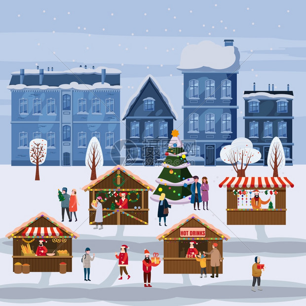圣诞节市场或假日在广场圣诞树人们在装饰的摊位树冠或之间行走购买零食软糖装饰品和喝热咖啡茶甜酒圣诞市场或节假日在广场的户外交易树冠图片