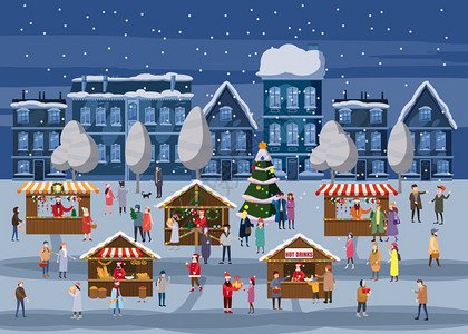 圣诞节市场或假日在广场圣诞树人们在装饰的摊位树冠或之间行走购买零食软糖装饰品和喝热咖啡茶甜酒圣诞市场或节假日在广场的户外交易树冠图片