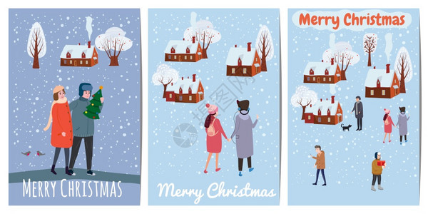圣诞快乐和新年有人物的卡片模板有冬季服装的男女圣诞快乐和新年有冬季服装的男女有趋势逆向漫画以图示孤立横幅模板图片