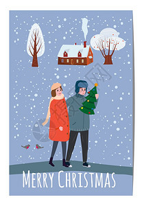 圣诞快乐和新年有人物男女冬季服装的卡片模板圣诞快乐和新年有人物男女冬季服装的卡片模板有礼品盒圣诞树动向反漫画插图孤立横幅模板图片