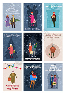 圣诞快乐和新年有人物的卡片模板有冬季服装的男女圣诞快乐和新年有冬季服装的男女有趋势逆向漫画以图示孤立横幅模板图片