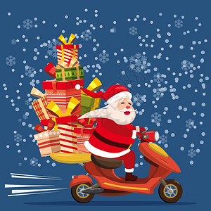 圣诞快乐老人带着一个礼物盒骑摩托车圣诞快乐老人带着一个礼物盒骑摩托车圣诞节主题设计元素用于贺卡横幅当代漫画风格的广告矢量净化图片