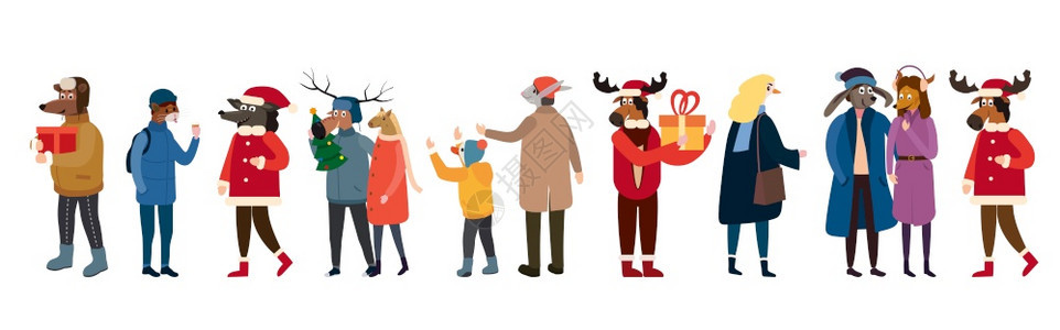 圣诞节穿着冬装的拟人小动物卡通矢量插画图片