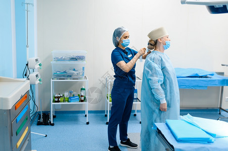 手术室女外科医生和手术室女助理为手术做准备穿制服的医生门诊人员医药和保健院的手术室女外科医生和助理图片