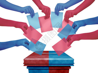 选举日投票和概念在站红色和蓝选票作为民主的一项因为各式样的手持3D图例选票图片
