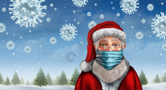 圣诞老人戴面罩概念作为圣诞节日的标志用于预防冠状和新冠的健康和保疾病以及作为3D成因的雪状新冠19或流感图片