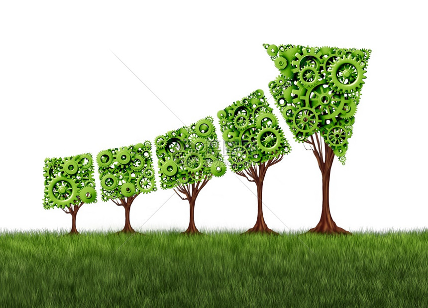 经济图表增长和农业发展概念是一组齿轮树作为向上指的箭头作为3D的利润和增长成功比喻图片