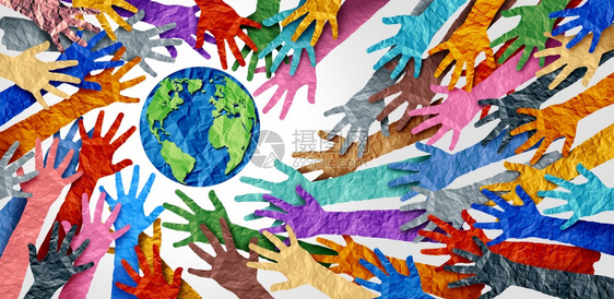 世界多样或地球日以及作为多样概念的国际文化以及人群合作象征的众人是将地球团结在一起的众手图片