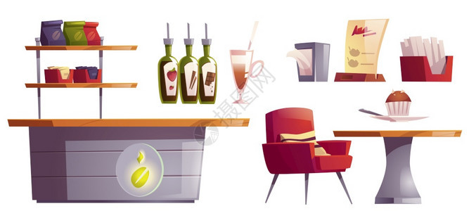 咖啡厅或馆室内用品设置有豆徽的桌子架椅包装杯的架在咖啡厅家具餐法院卡通矢量插图咖啡厅或内用品单独设置图片