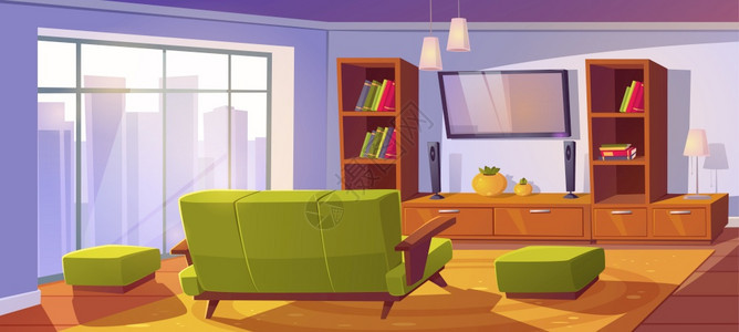 有沙发和电视背面图书架和沙发的室内客厅书棚和沙发墙上大窗户装有电视机前座椅的空公寓家用设计的卡通矢量插图带有沙发和电视的室内客厅图片