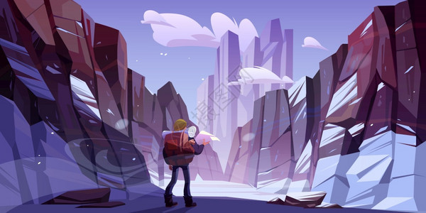 冬季山区旅行者冒险带背包和的旅游者站在岩石雪地的风景上看着高山峰极端的徒步旅行生活方式卡通矢量图冬季山区旅行者图片