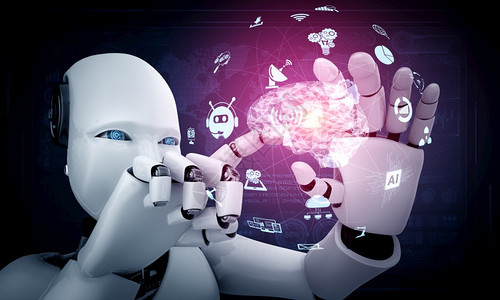 机器人在第四轮工业革命的人智能思考大脑人工智能和机器学习过程中持有HUD全息图屏幕3D插图图片