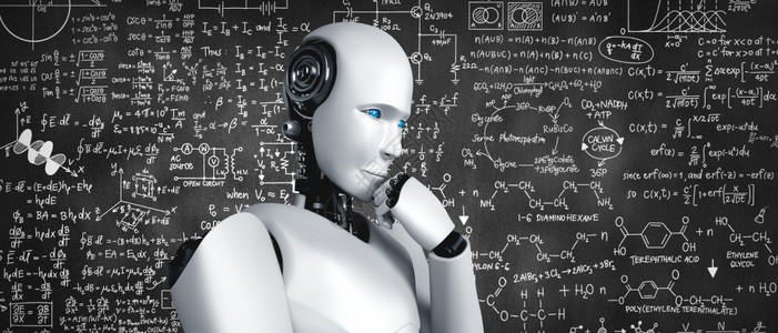思考人工智能机器分析数学公式和科方程的屏幕为第四次工业革命使用人智能和机器学习程序图片