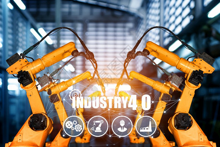 智能工业机器人武用于数字工厂生产技术显示工业40或第次工业革命的自动化制造过程和用于控制操作的IOT软件图片