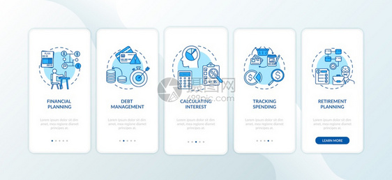 财务知识普及目标金融知识普及目标加入移动应用程序页面屏幕上带有概念的移动应用程序页面屏幕上预算增加步行5图形指示带有RGB彩色插图片