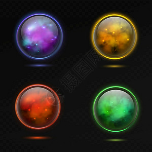 魔术球玻璃闪亮的3个魔球闪电光和等离子精神晶体球秘光耀能量紫色和黄红绿球彩的现实矢量隔离装置魔球玻璃闪亮的3个魔球闪亮的光神秘亮背景图片