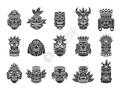 Idol面罩黑色双影仪式图腾部落神蒂基古印度人或非洲文化传统的外来马雅或阿兹泰克木质象征多民族纹身模式面部具矢量孤立装置图片