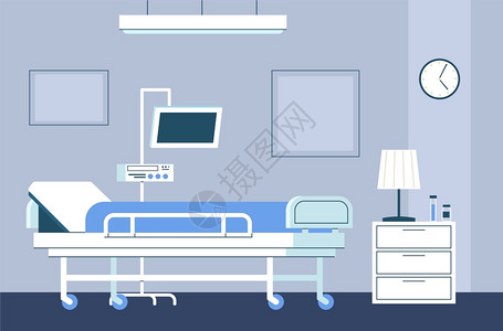 室内医院现代强化治疗病房床在轮椅上和医疗设备急救诊所配有家具监测器和降水者保健病媒固定援助蓝色概念医院室内现代强化治疗病房配有轮图片