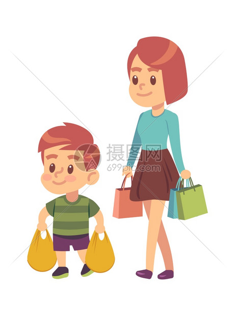 妈妈和孩子提着购物袋