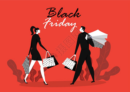 黑色星期五女孩购物袋用平板卡通风格的矢量插图图片